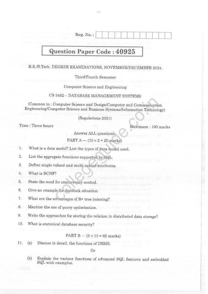 CS3492 Database Management Systems R2021 Anna University Question Paper November/December 2024