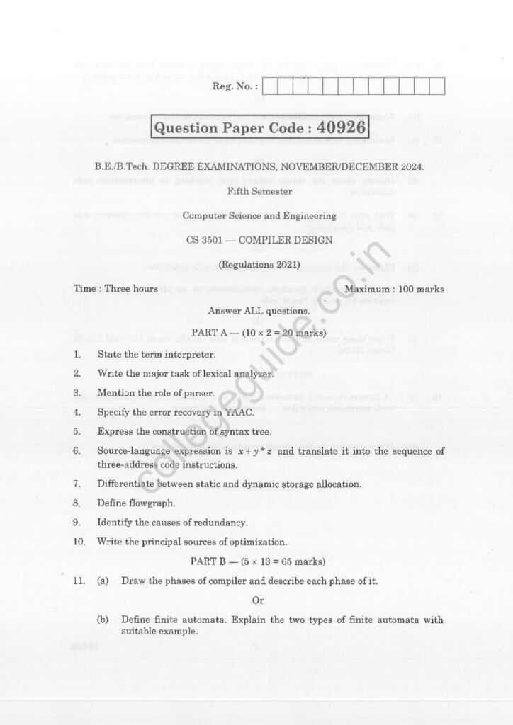 CS3501 Compiler Design R2021 Anna University Question Paper November/December 2024