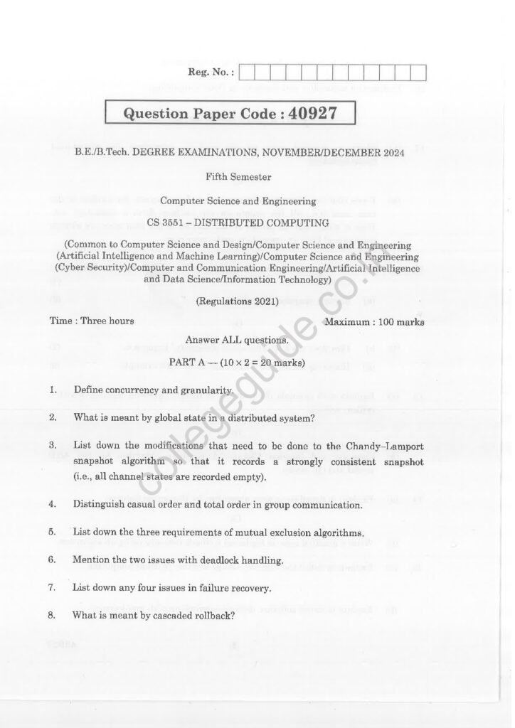 CS3551 Distributed Computing R2021 Anna University Question Paper November/December 2024