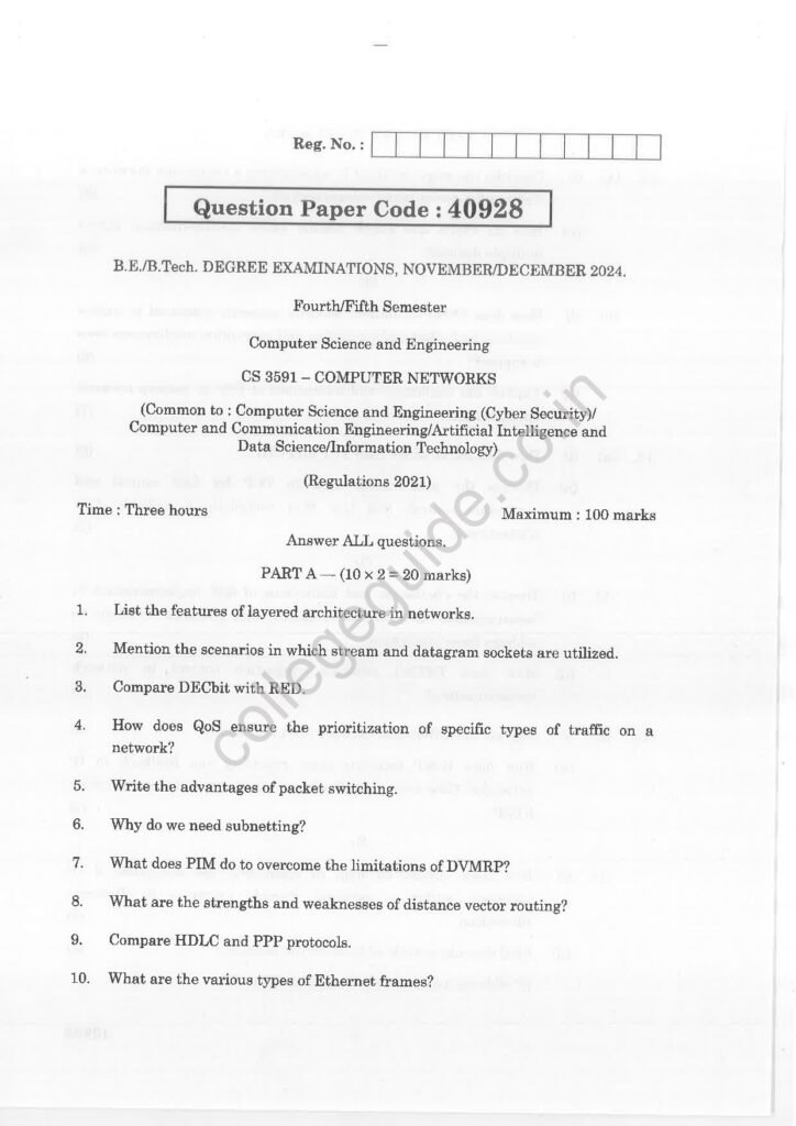 CS3591 Computer Networks R2021 Anna University Question Paper November/December 2024