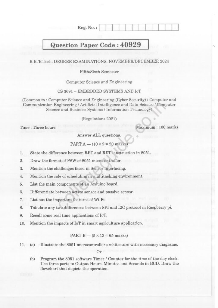 CS3691 Embedded Systems and IoT R2021 Anna University Question Paper November/December 2024