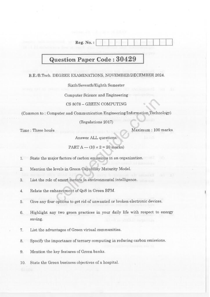 CS8078 Green Computing R2017 Anna University Question Paper November/December 2024