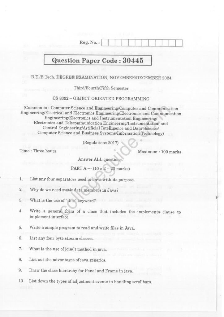 CS8392 Object Oriented Programming R2017 Anna University Question Paper November/December 2024