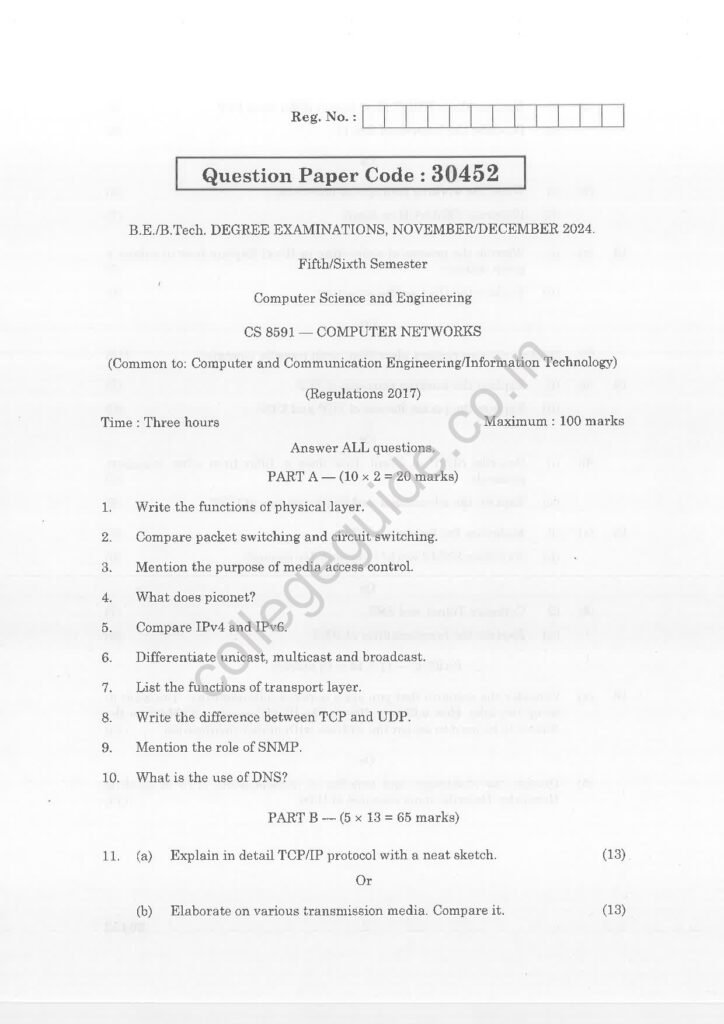 CS8591 Computer Networks R2017 Anna University Question Paper November/December 2024