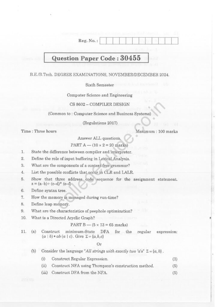 CS8602 Compiler Design R2017 Anna University Question Paper November/December 2024