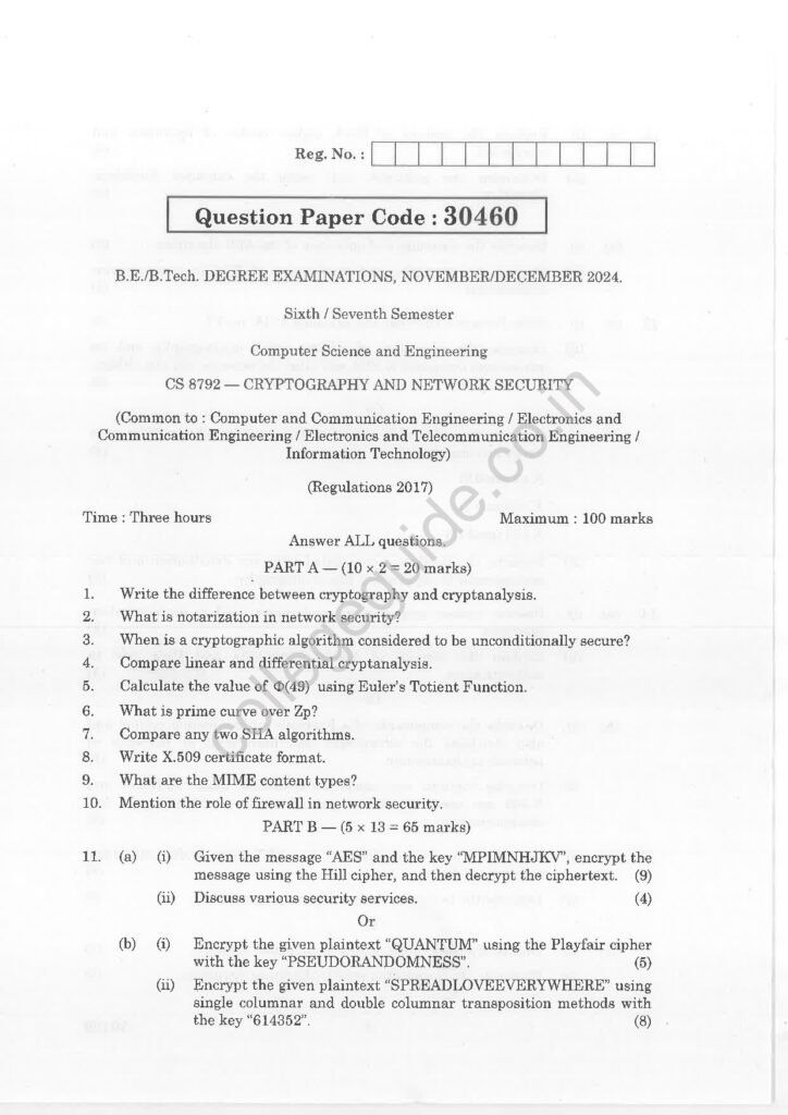 CS8792 Cryptography and Network Security R2017 Anna University Question Paper November/December 2024