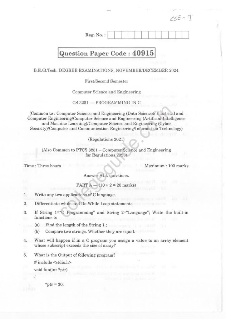 CS3251 Programming in C R2021 Anna University Question Paper November/December 2024
