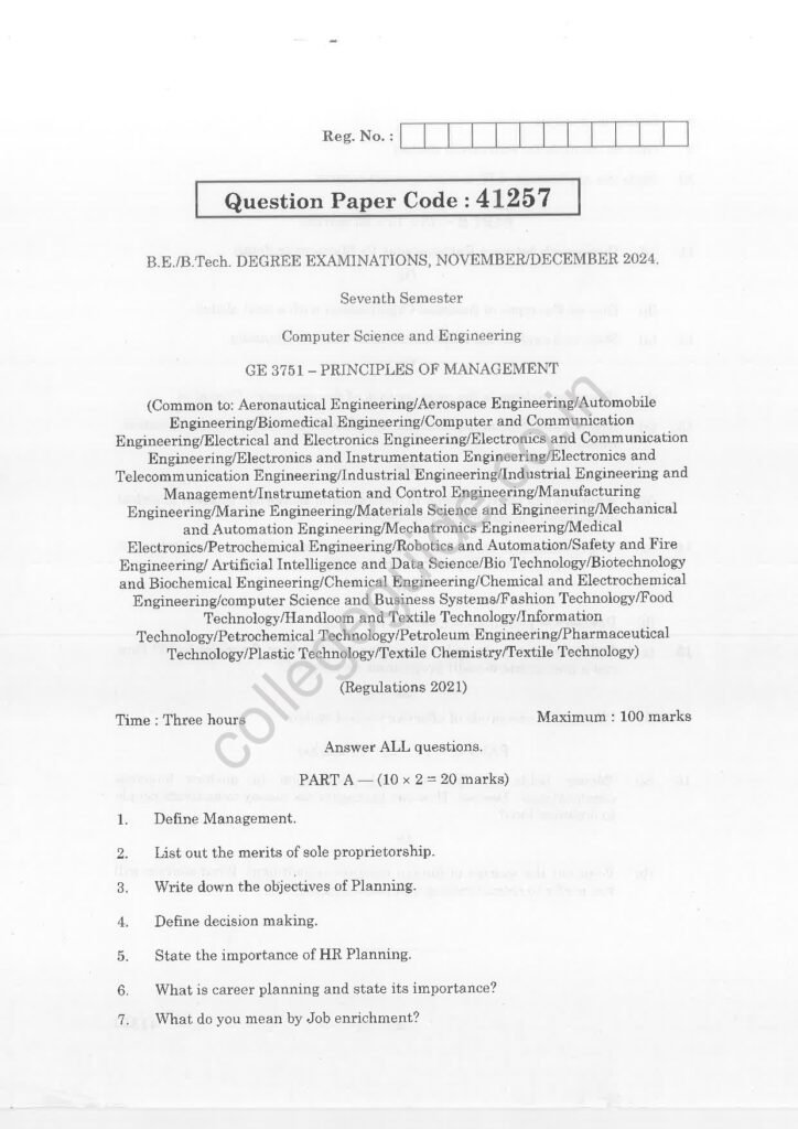 GE3751 Principles and Management R2017 Anna University Question Paper November/December 2024