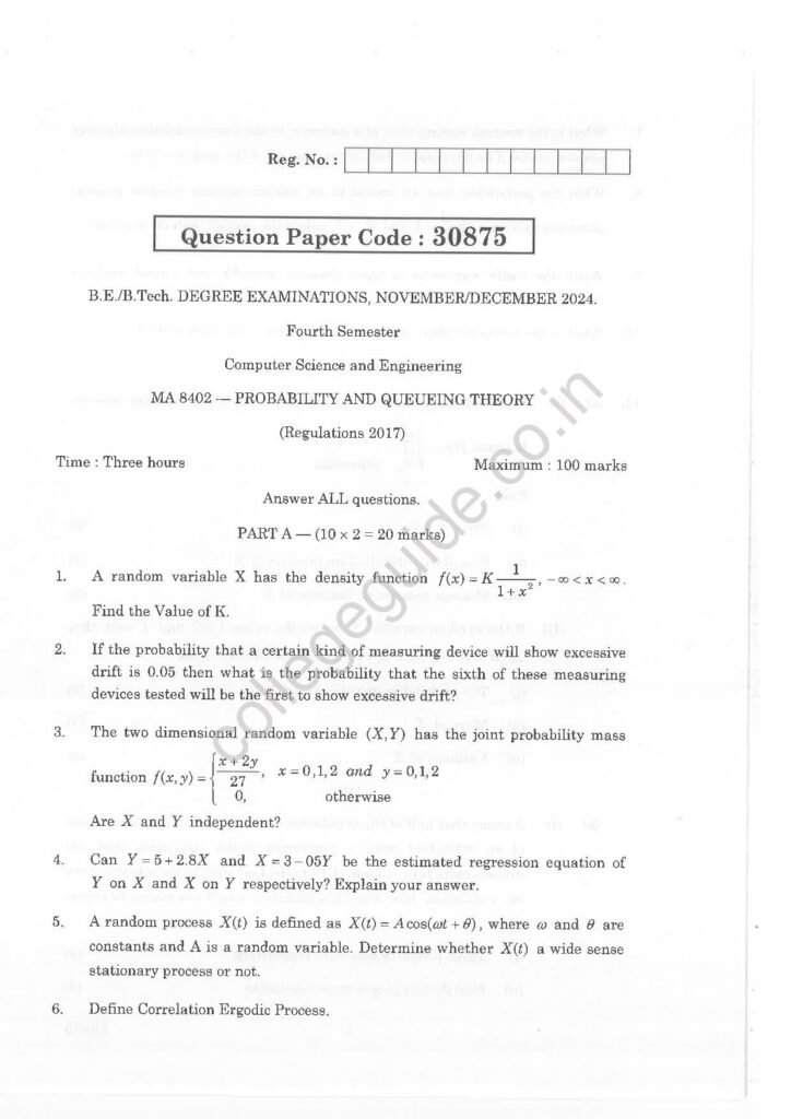 MA8402 Probability and Queueing Theory R2017 Anna University Question Paper November/December 2024