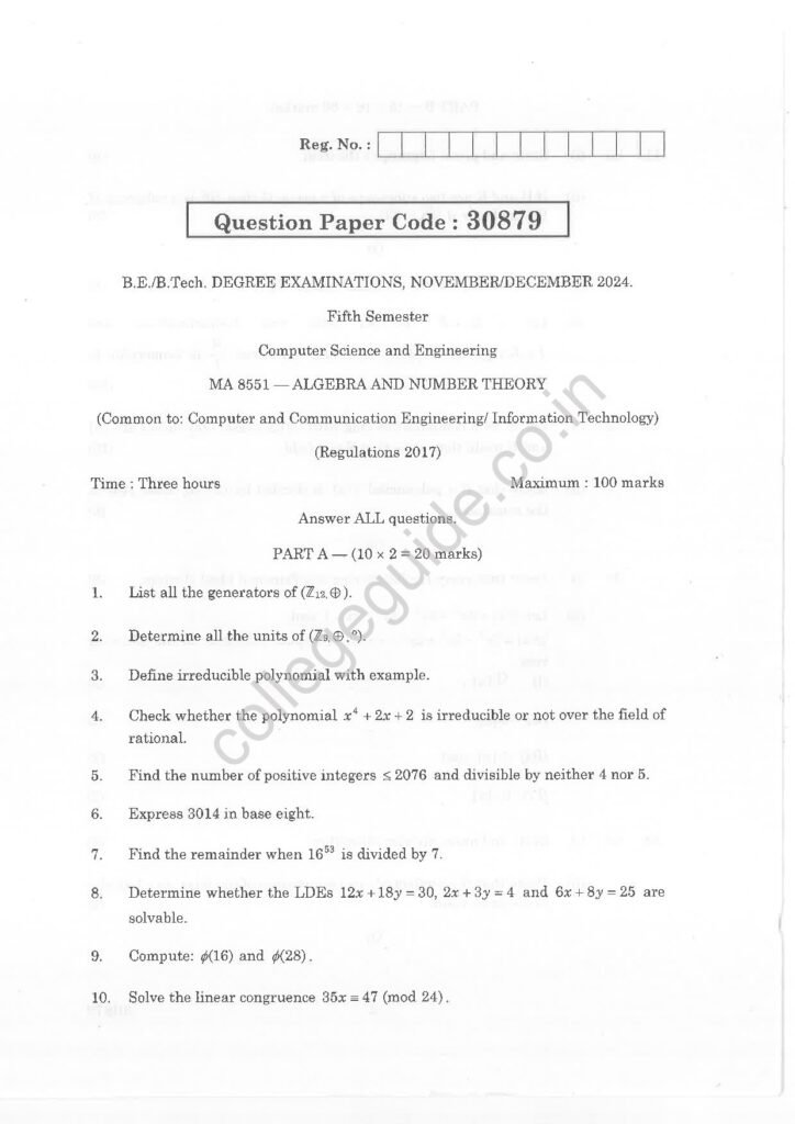 MA8551 Algebra and Number Theory R2017 Anna University Question Paper November/December 2024