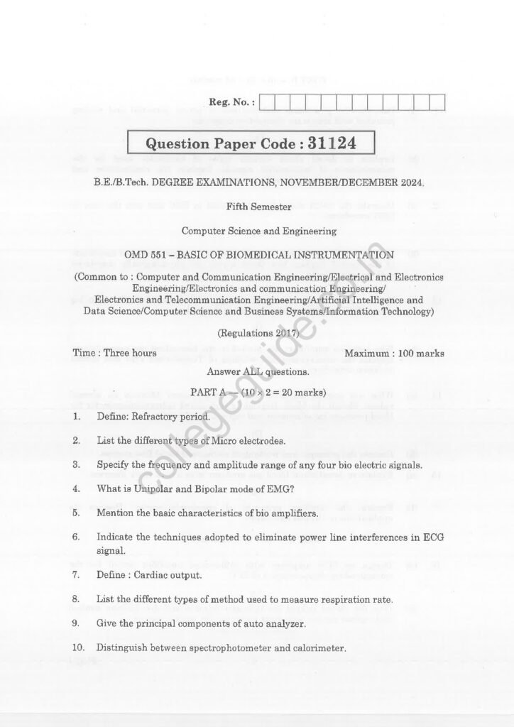 OMD551 Basic of Biomedical Instrumentation R2017 Anna University Question Paper November/December 2024