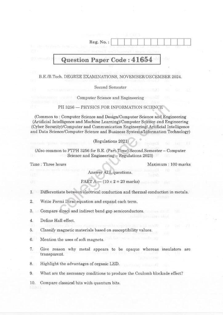 PH3256 Physics for Information Science R2021 Anna University Question Paper November/December 2024