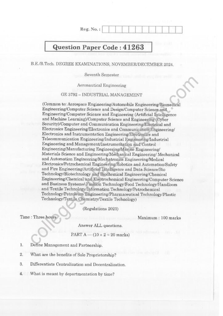 GE3792 Industrial Management R2021 Anna University Question Paper November/December 2024