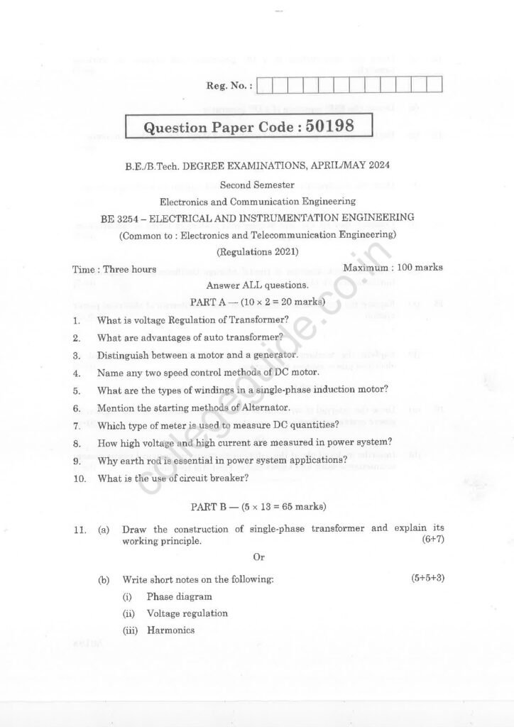 BE3254 Electrical and Instrumentation Engineering R2021 Anna University Question Paper April/May 2024
