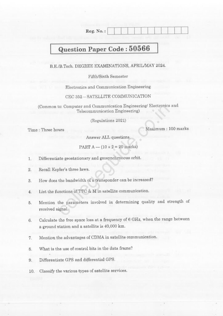CEC352 Satellite Communication R2021 Anna University Question Paper April/May 2024