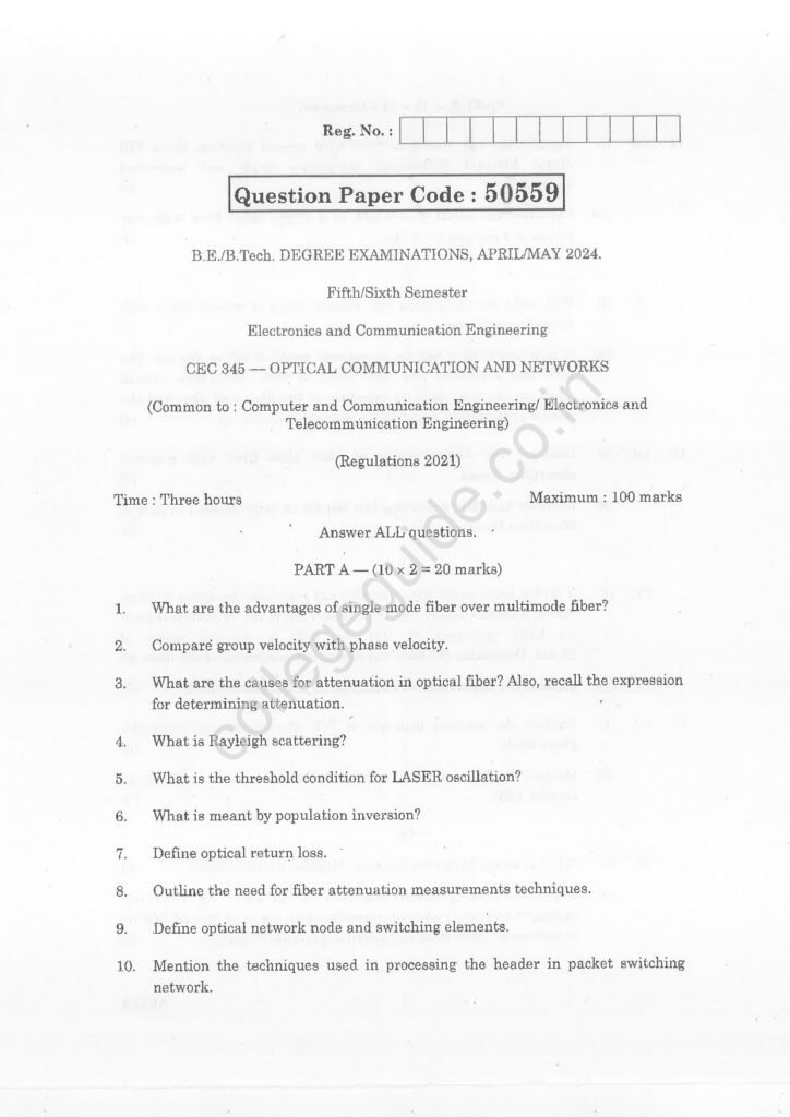 CEC 345 Optical Communication and Networks R2021 Anna University Question Paper April/May 2024