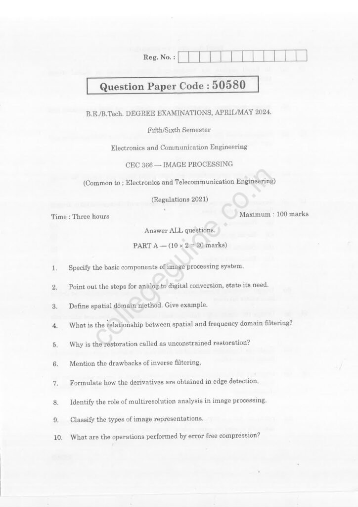 CEC366 Image Processing R2021 Anna University Question Paper April/May 2024