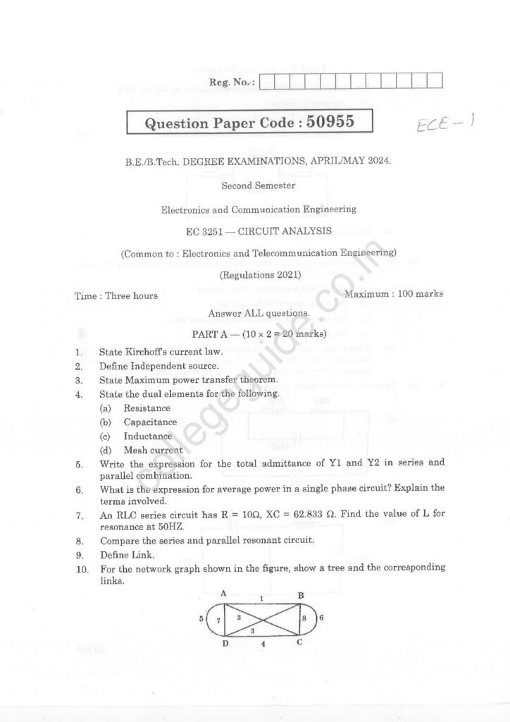 EC3251 Circuit Analysis R2021 Anna University Question Paper April/May 2024