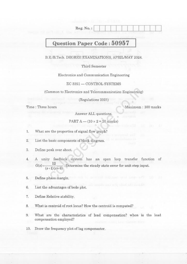 EC3351 Control Systems R2021 Anna University Question Paper April/May 2024