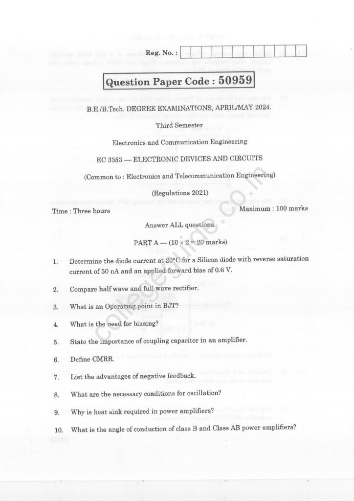 EC3353 Electronic Devices and Circuits R2021 Anna University Question Paper April/May 2024