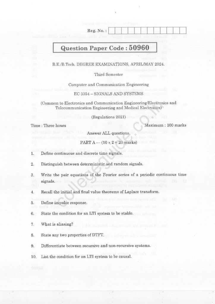 EC3354 Signals and Systems R2021 Anna University Question Paper April/May 2024