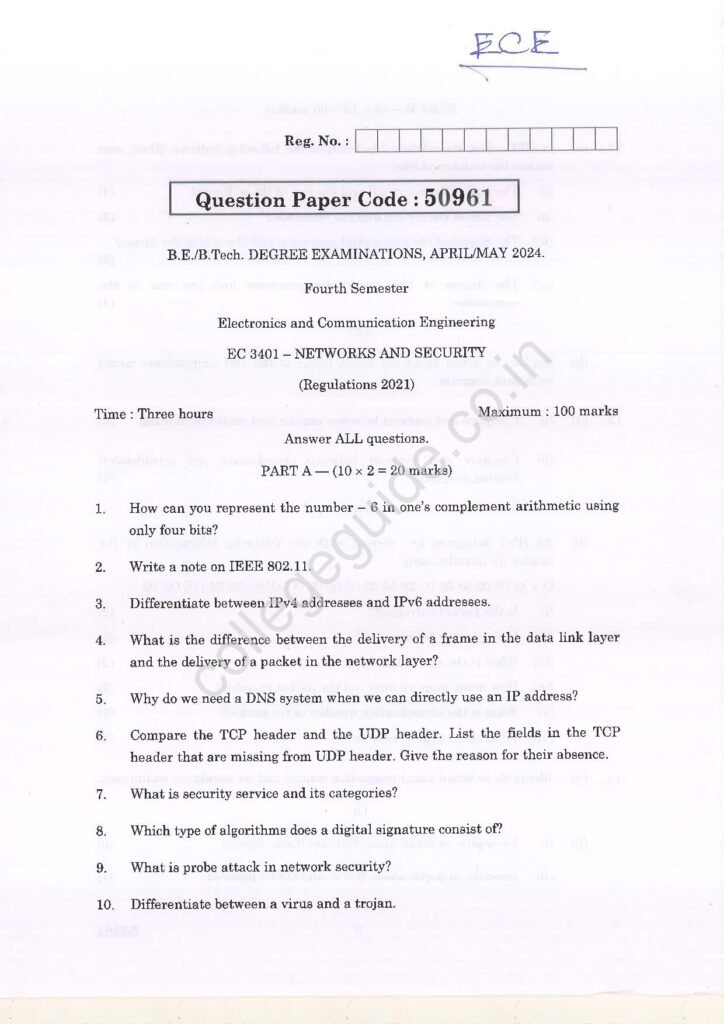 EC3401 Networks and Security R2021 Anna University Question Paper April/May 2024