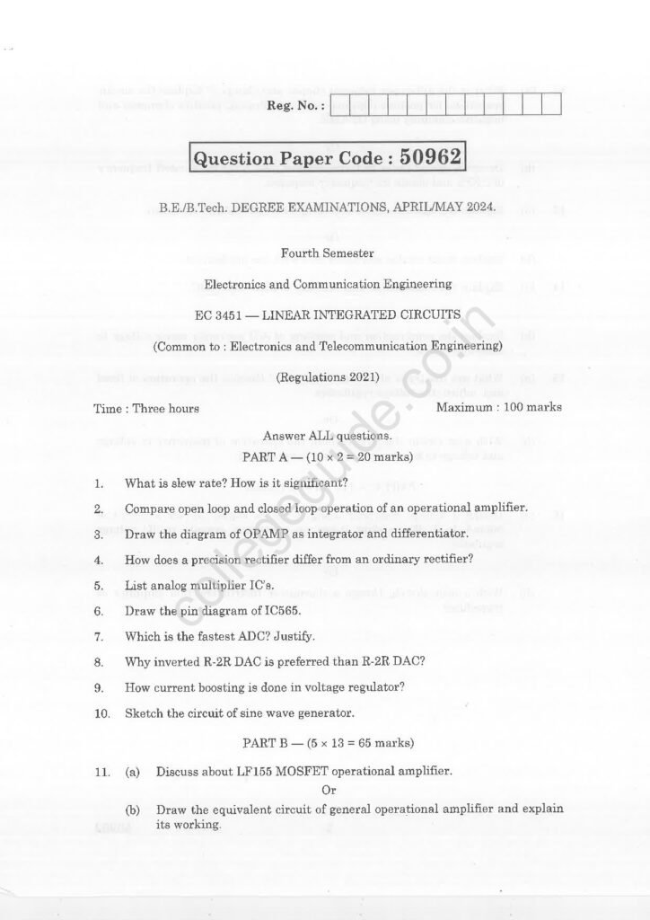 EC3451 Linear Integrated Circuits R2021 Anna University Question Paper April/May 2024