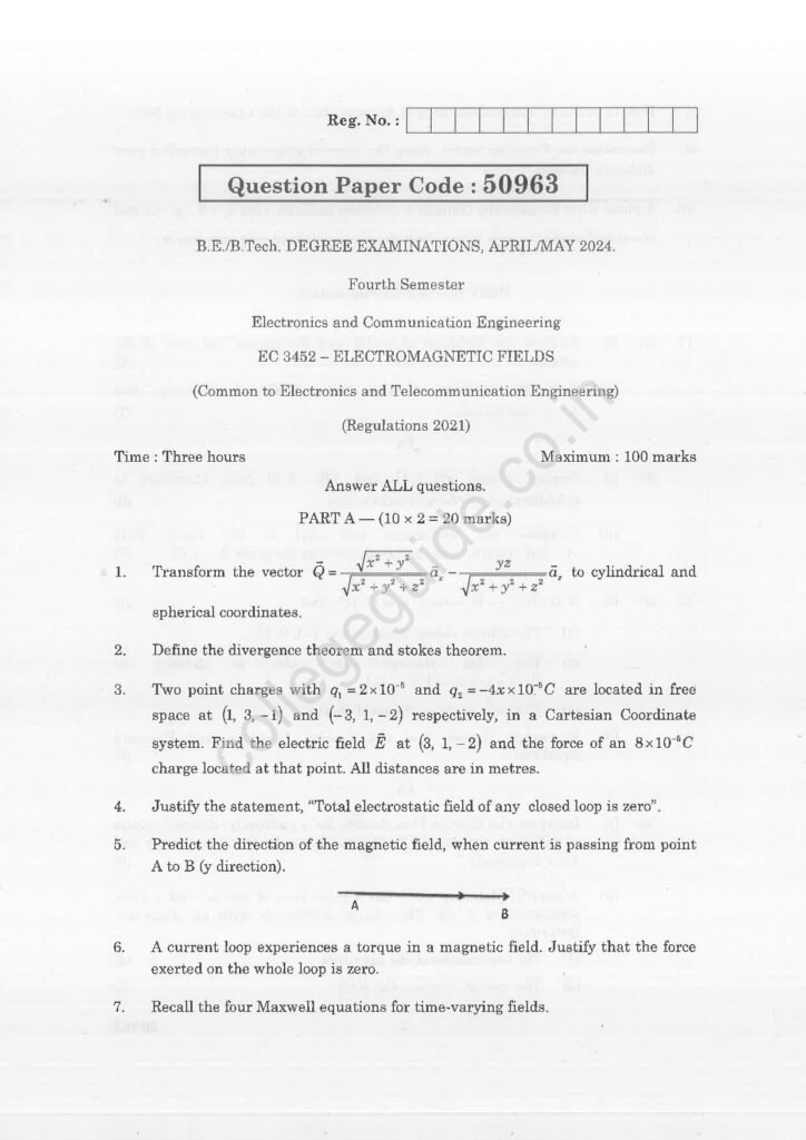 EC3452 Electromagnetic Fields R2021 Anna University Question Paper April/May 2024
