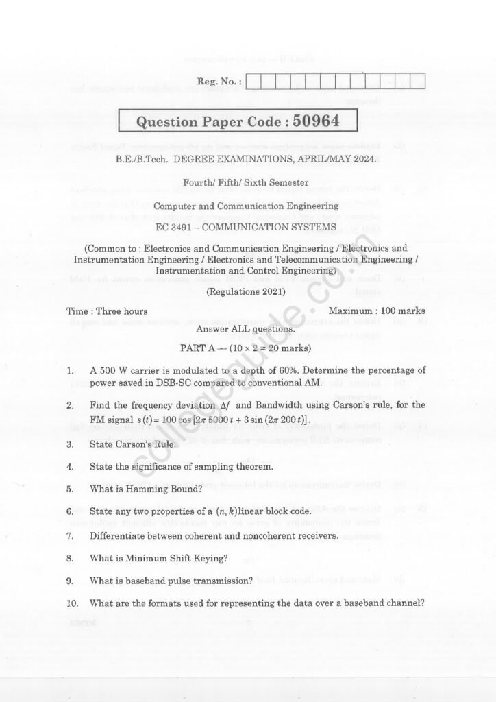 EC3491 Communication Systems R2021 Anna University Question Paper April/May 2024