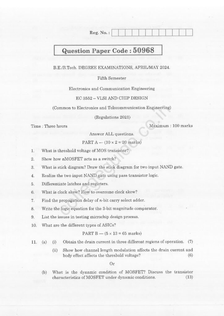 EC3552 VLSI and Chip Design R2021 Anna University Question Paper April/May 2024