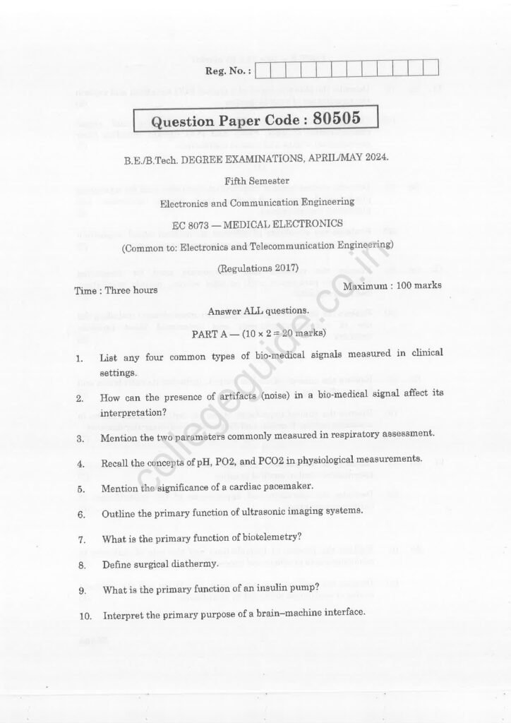 EC8073 Medical Electronics R2017 Anna University Question Paper April/May 2024
