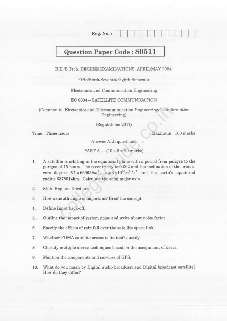 EC8094 Satellite Communication R2017 Anna University Question Paper April/May 2024