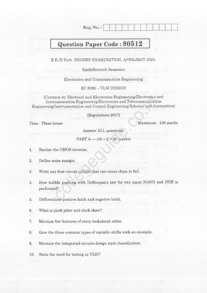 EC8095 VLSI Design R2017 Anna University Question Paper April/May 2024