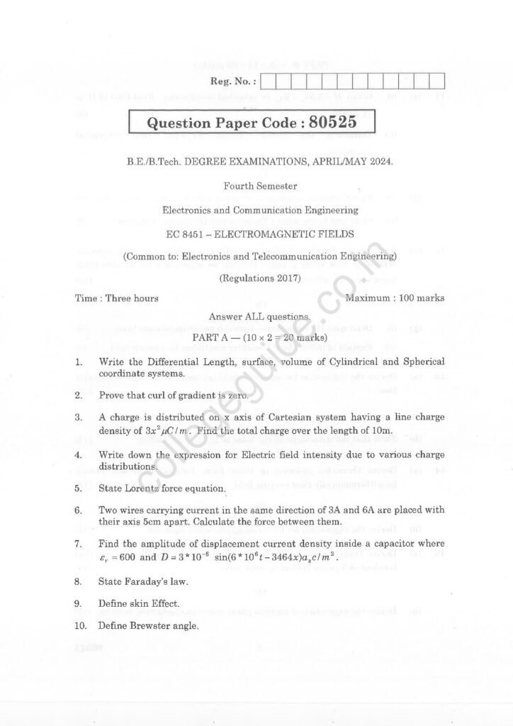 EC8451 Electromagnetic Fields R2017 Anna University Question Paper April/May 2024