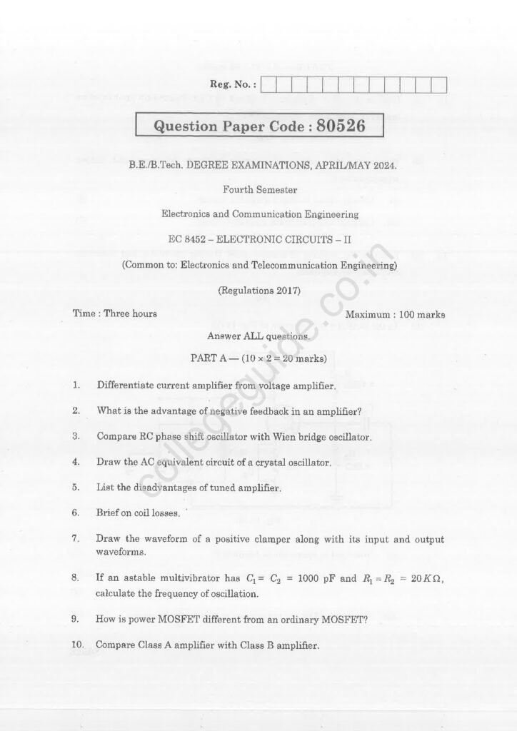 EC8452 Electronic Circuits II R2017 Anna University Question Paper April/May 2024