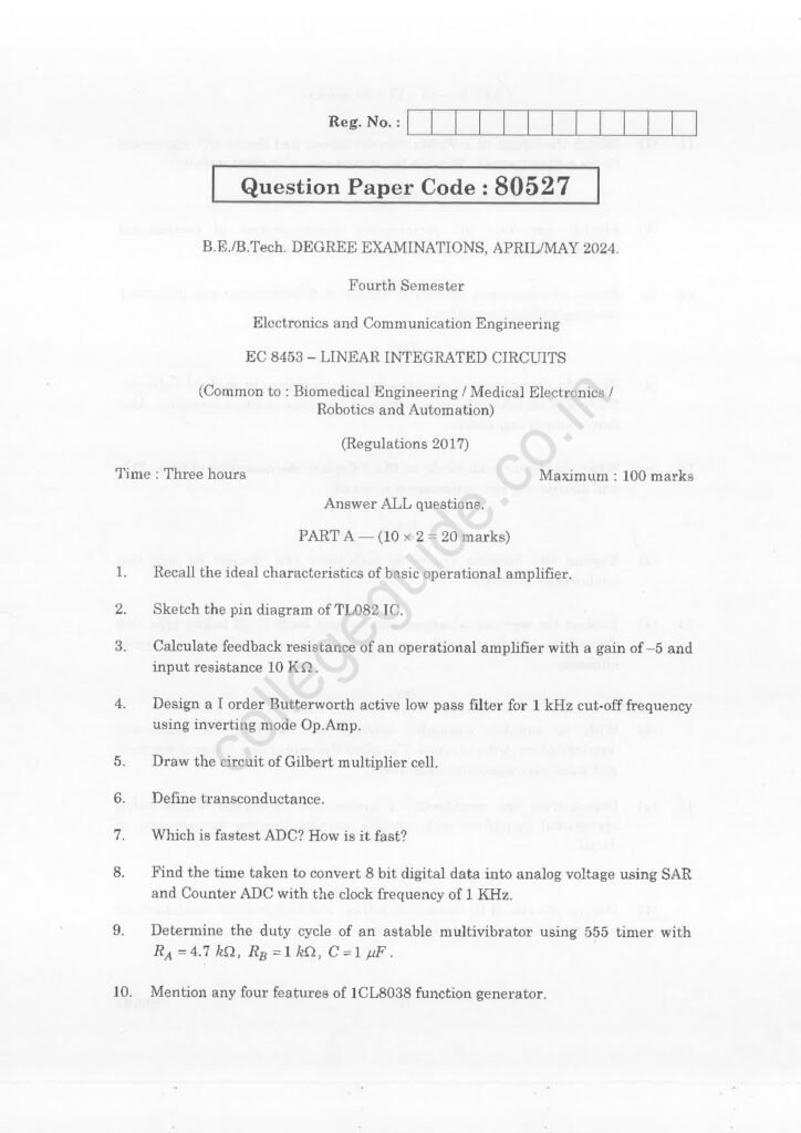 EC8453 Linear Integrated Circuits R2017 Anna University Question Paper April/May 2024