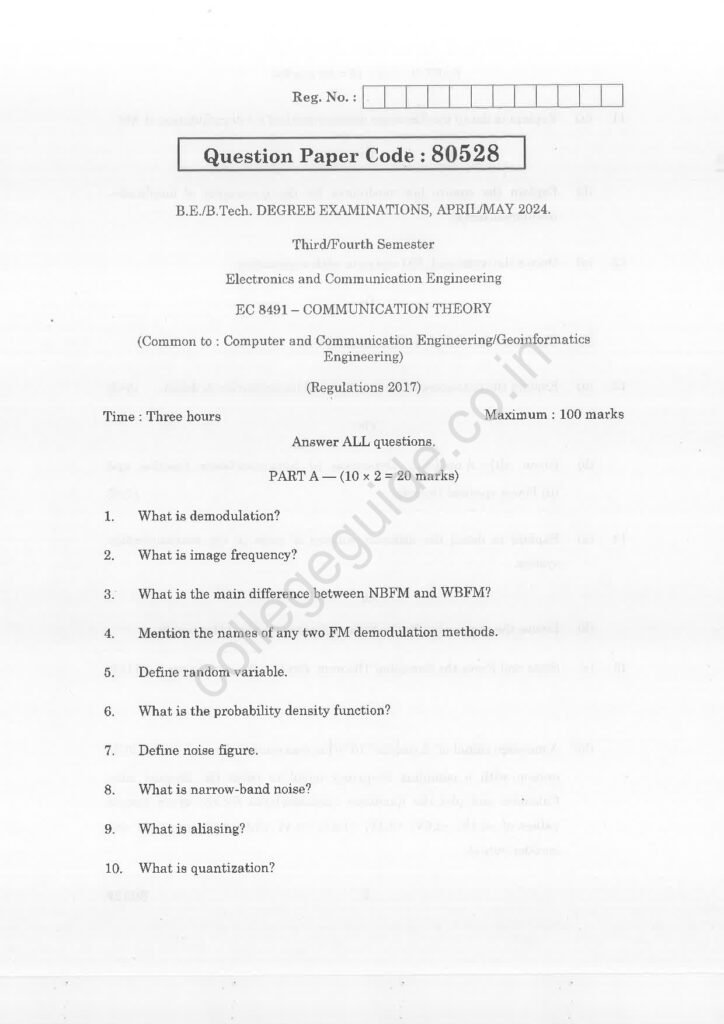 EC8491 Communication Theory R2017 Anna University Question Paper April/May 2024