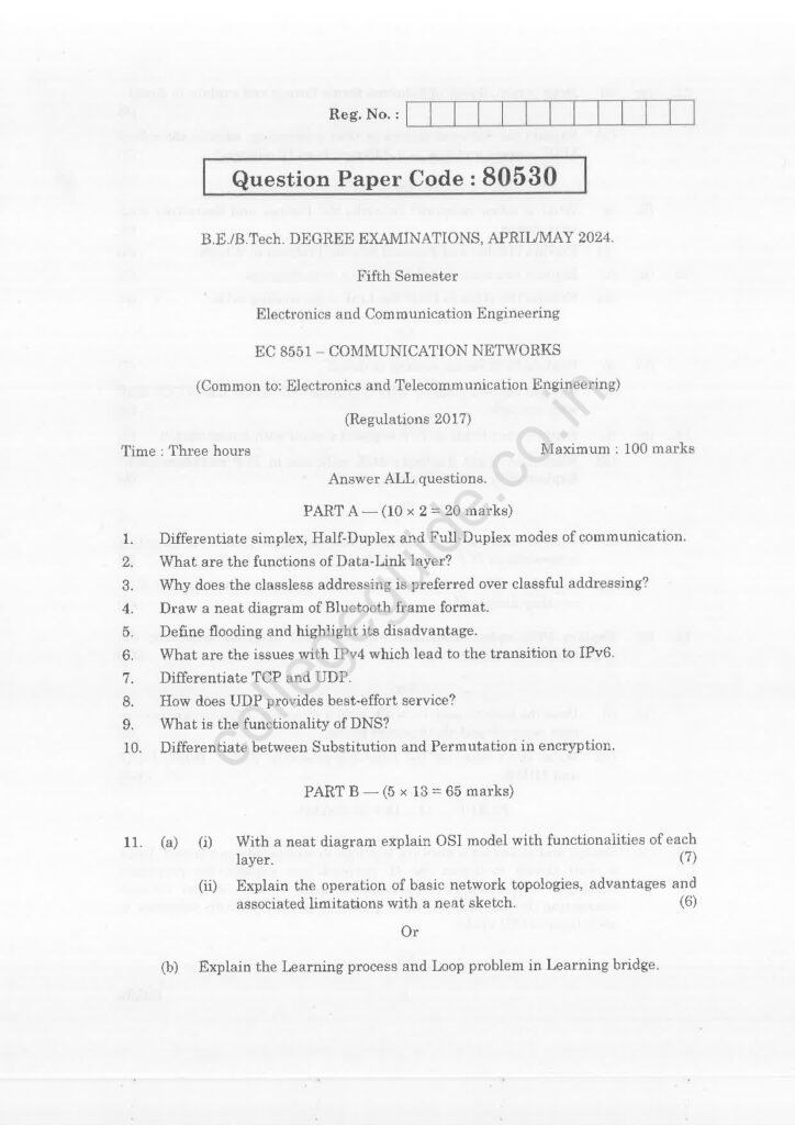 EC8551 Communication Networks R2017 Anna University Question Paper April/May 2024