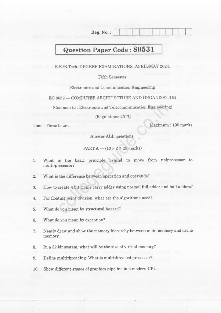 EC8552 Computer Architecture and Organization R2017 Anna University Question Paper April/May 2024