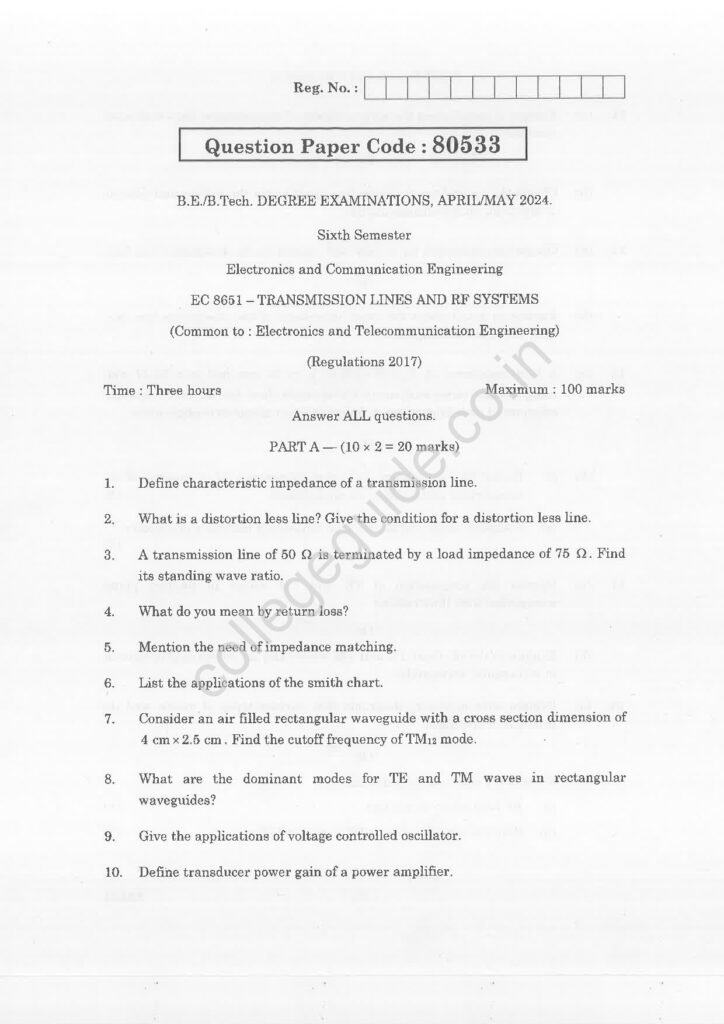 EC8651 Transmission Lines and RF Systems R2017 Anna University Question Paper April/May 2024