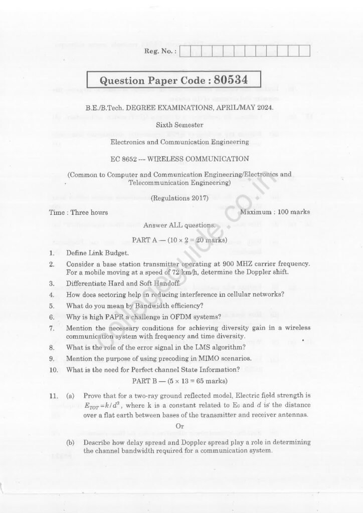 EC8652 Wireless Communication R2017 Anna University Question Paper April/May 2024