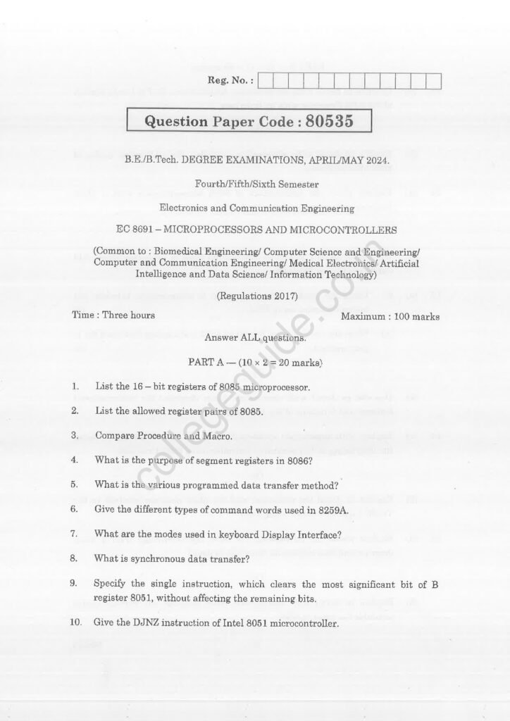 EC8691 Microprocessors and Microcontrollers R2017 Anna University Question Paper April/May 2024