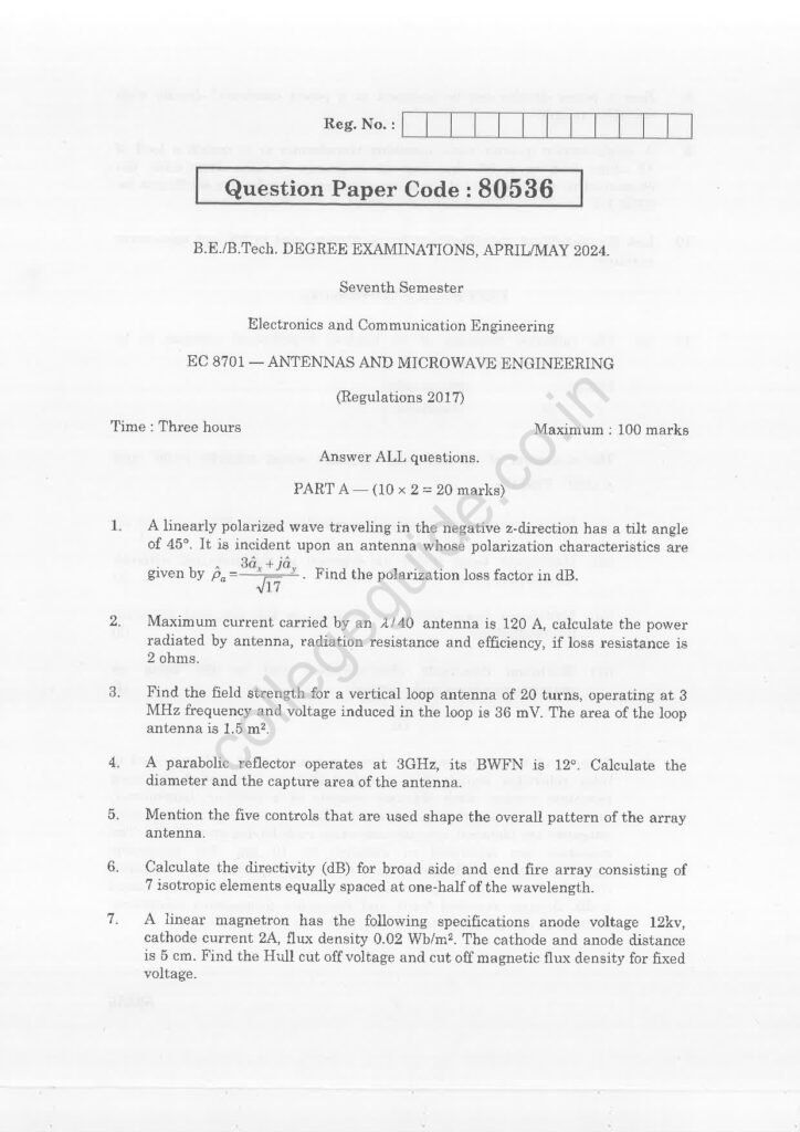 EC8701 Antennas and Microwave Engineering R2017 Anna University Question Paper April/May 2024