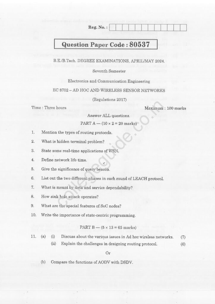 EC8702 AD HOC and Wireless Sensor Networks R2017 Anna University Question Paper April/May 2024
