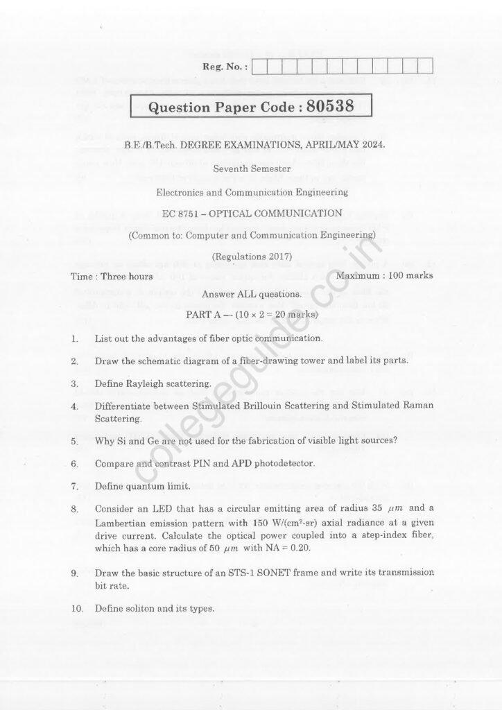 EC8751 Optical Communication R2017 Anna University Question Paper April/May 2024