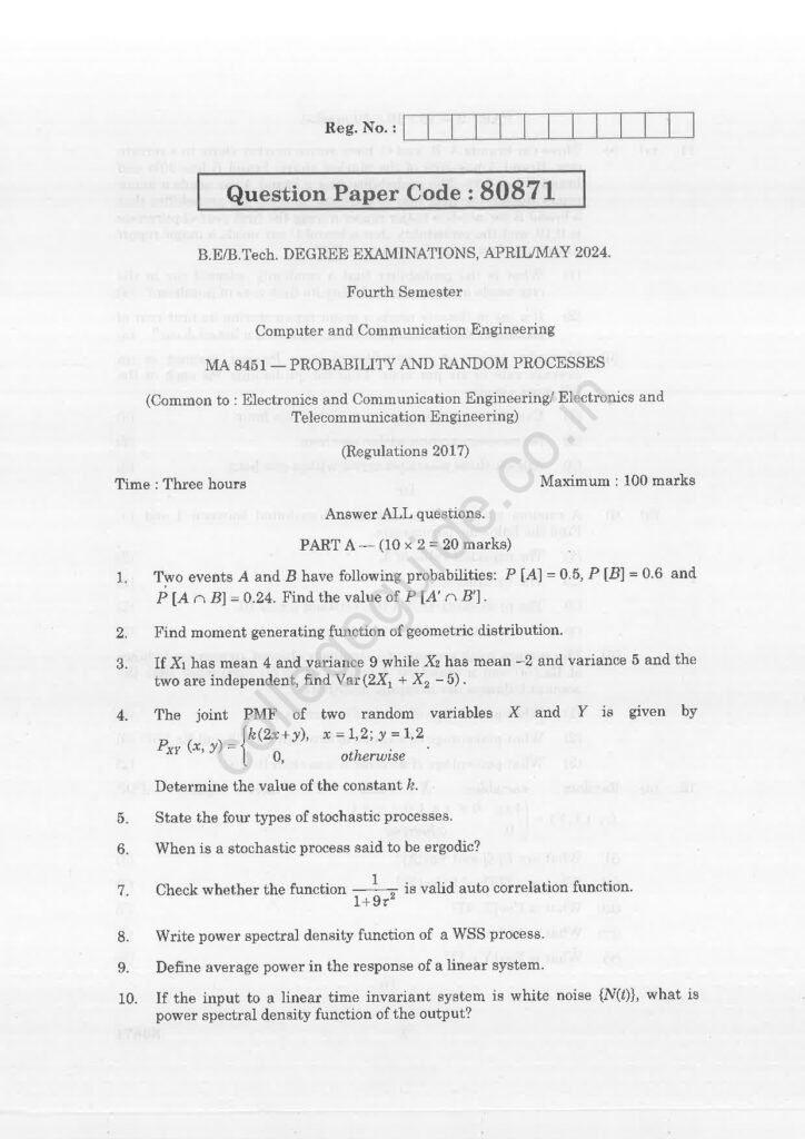 MA8451 Probability and Random Processes R2017 Anna University Question Paper April/May 2024