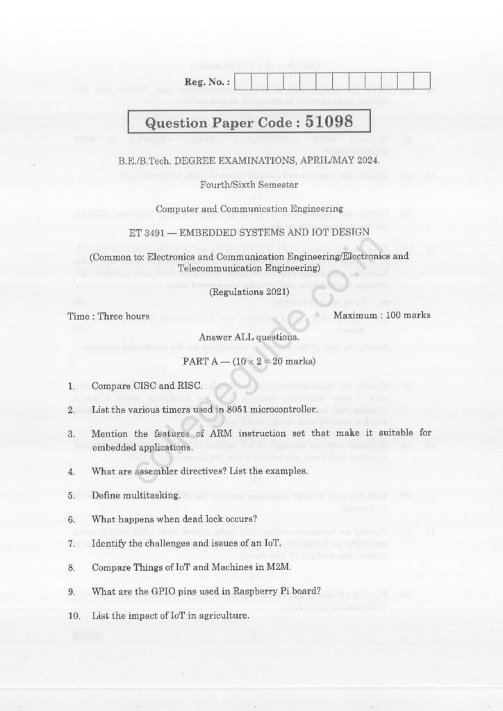 ET3491 Embedded Systems and IOT Design R2021 Anna University Question Paper April/May 2024