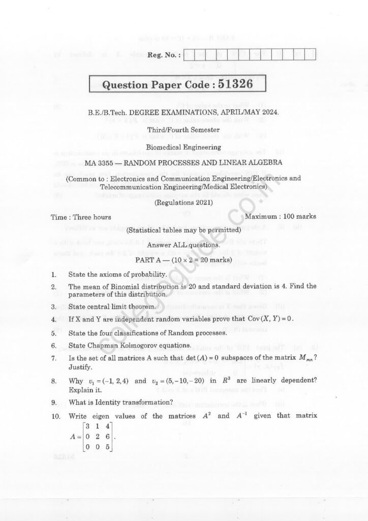 MA3355 Random Processes and Linear Algebra R2021 Anna University Question Paper April/May 2024