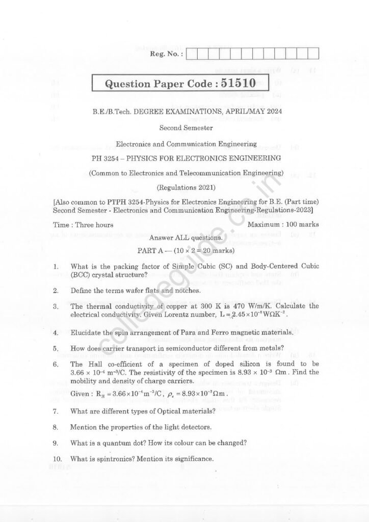 PH3254 Physics for Electronic Engineering R2021 Anna University Question Paper April/May 2024
