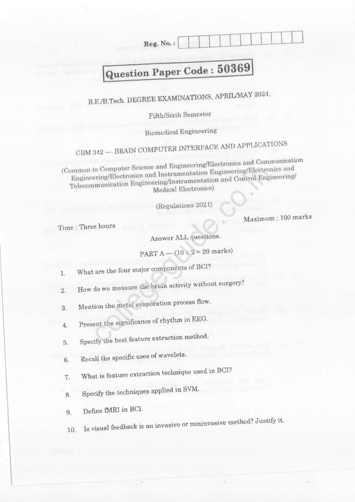 CBM342 Brain Computer Interface and Applications R2021 Anna University Question Paper April/May 2024